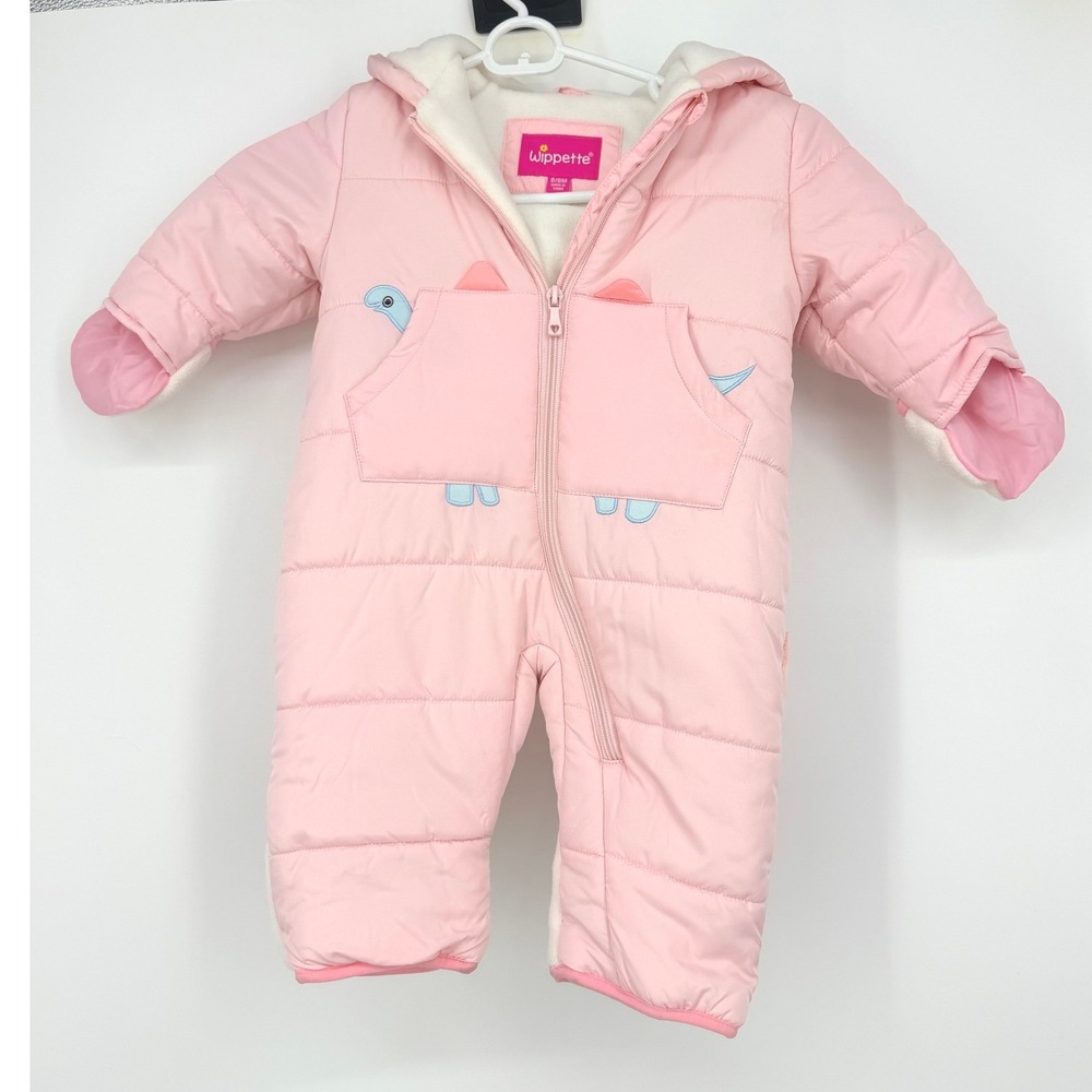 Wippette Baby Girls Pink Dinosaur Puffer Snowsuit Fleece‎ Lined 6/9M